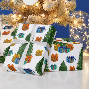 Papier Cadeau Arbres de Noël et boîtes de cadeaux à l'aquarelle