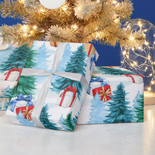 Papier Cadeau Arbres de Noël et boîtes de cadeaux à l'aquarelle