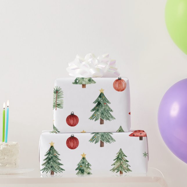 Papier Cadeau Arbres de Noël et boules (Cadeaux de fête)