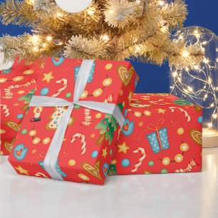 Papier Cadeau Arbres de Noël et cookies festifs rouges