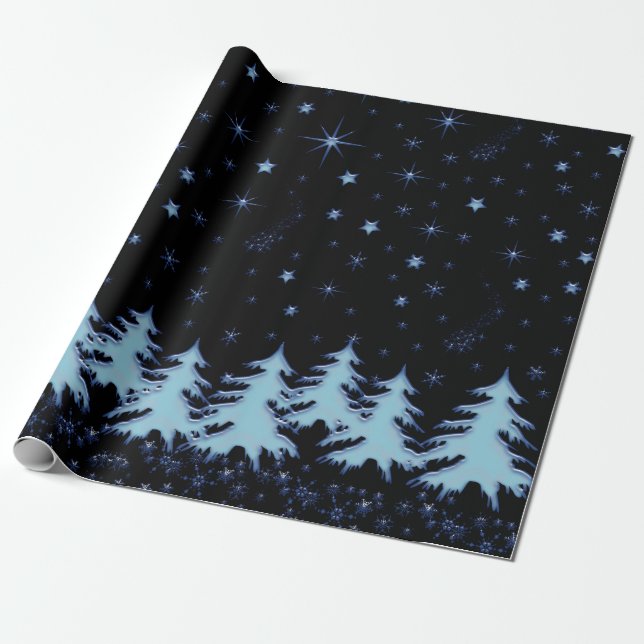 Papier Cadeau Arbres de Noël et étoiles brillants bleus dans le  (Déroulé)