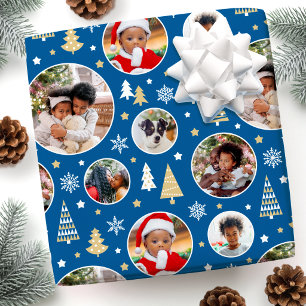 Papier Cadeau Arbres de Noël et flocons de neige bleus en photo