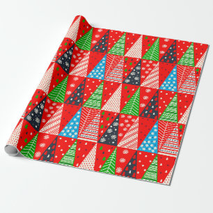 Papier Cadeau Arbres de Noël et flocons de neige colorés primiti