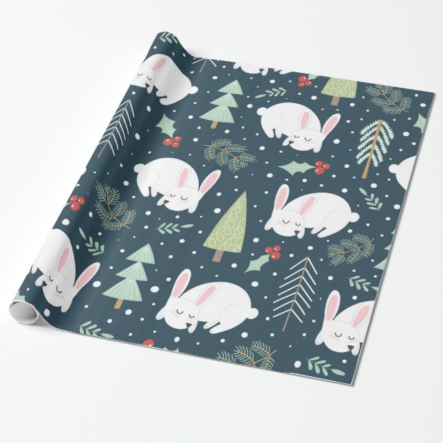Papier Cadeau Arbres de Noël et lapins de vacances Lapin Rustiqu (Déroulé)