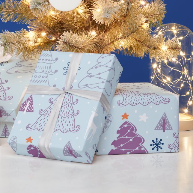 Papier Cadeau Arbres de Noël Etoiles Snowflakes Bleu Noël (Vacances)