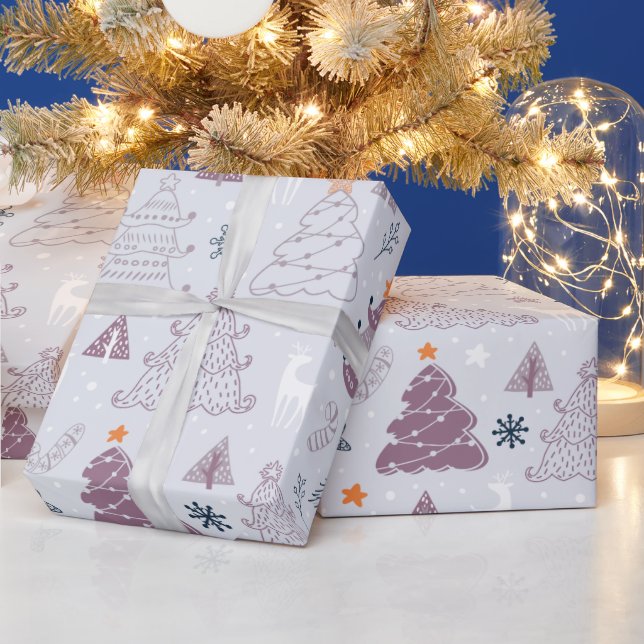 Papier Cadeau Arbres de Noël Étoiles Snowflakes Gris Noël (Vacances)