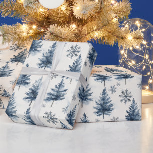 Papier Cadeau Arbres de Noël Flocons de Neige Bleus Blancs