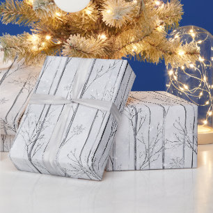Papier Cadeau Arbres de Noël Flocons de Neige Gris Argent