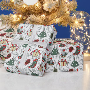 Papier Cadeau Arbres de Noël Gai Chandelles de Noël Vintage 