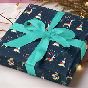 Papier Cadeau Arbres de Noël géométriques Renne Baubles
