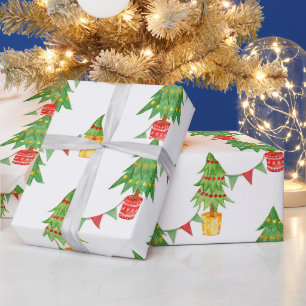 Papier Cadeau Arbres de Noël, lumières et décorations