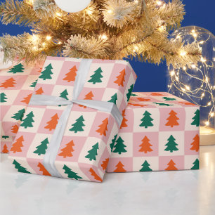 Papier Cadeau Arbres de Noël minimalistes rose, rouge, vert
