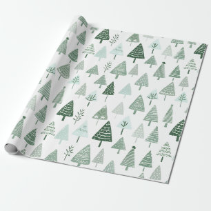Papier Cadeau Arbres de Noël modernes Blanc et vert