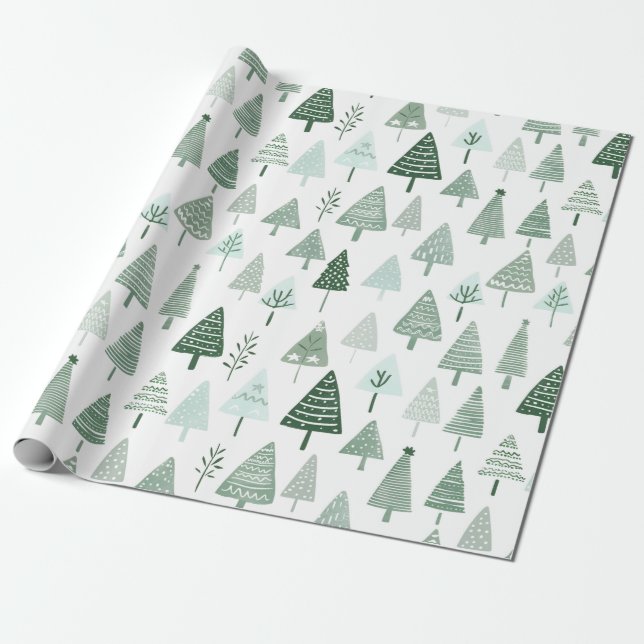 Papier Cadeau Arbres de Noël modernes Blanc et vert (Déroulé)
