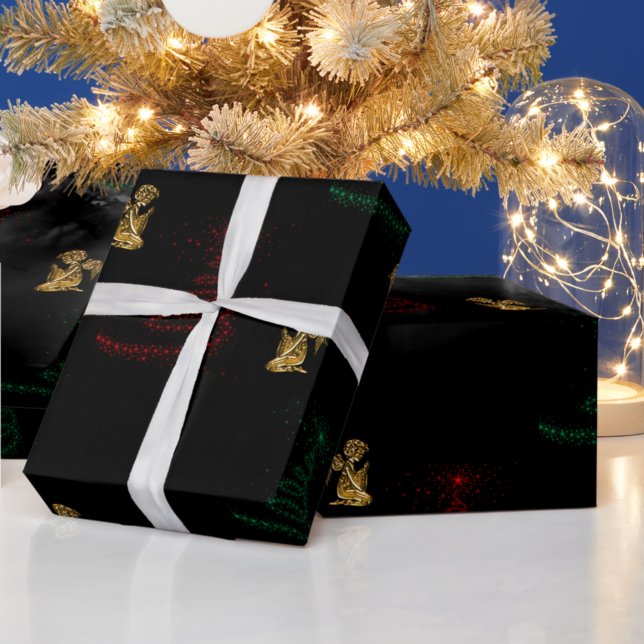 Papier Cadeau Arbres de Noël modernes et anges d'or (Créateur téléchargé)