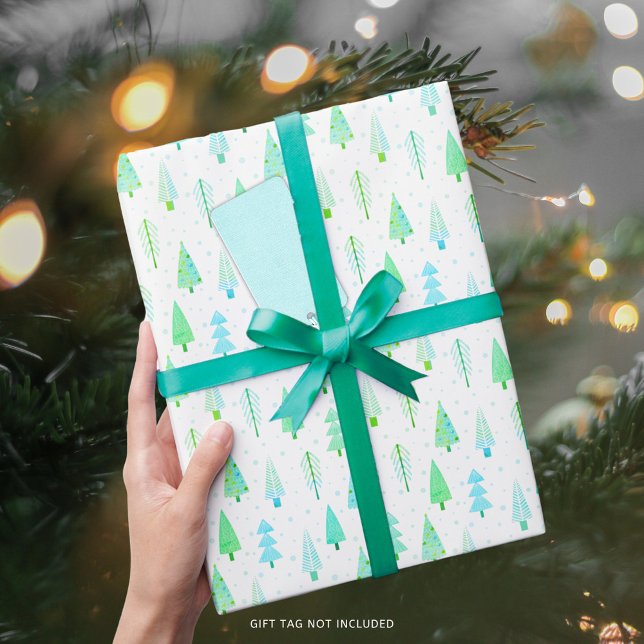 Papier Cadeau Arbres de Noël modernes Motif bleu turquoise (Créateur téléchargé)