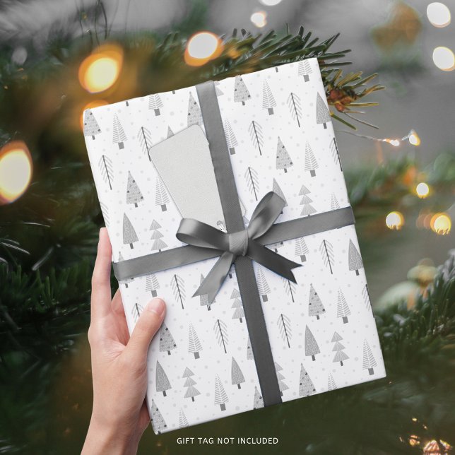 Papier Cadeau Arbres de Noël modernes Motif gris argent (Créateur téléchargé)
