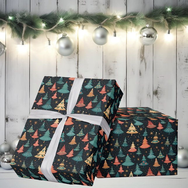 Papier Cadeau Arbres de Noël modernes rétro (Créateur téléchargé)