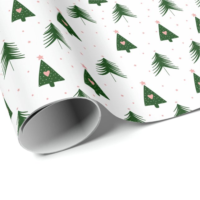 Papier Cadeau Arbres de Noël modernes rose et vert Fêtes (Coin rond)