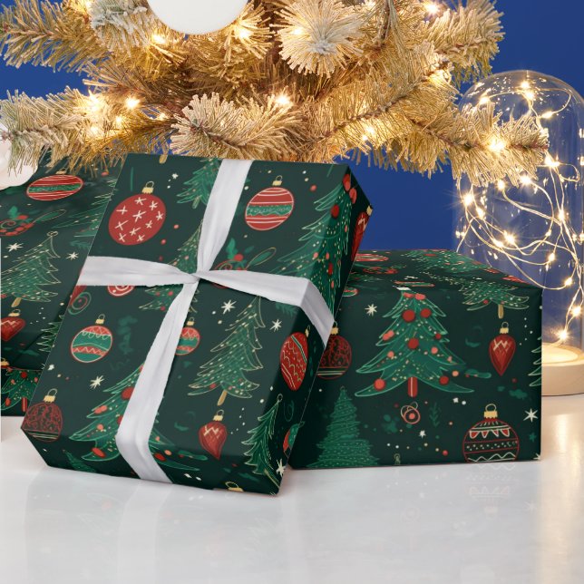 Papier Cadeau Arbres de Noël Ornements Vert foncé Noël (Vacances)