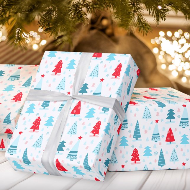 Papier Cadeau Arbres de Noël papier d'emballage bleu rouge rose (Christmas trees blue red pink wrapping paper)