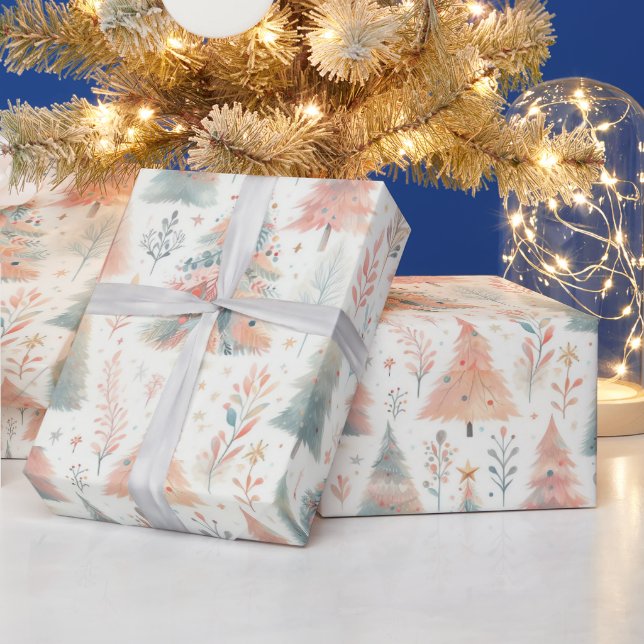 Papier Cadeau Arbres de Noël Pastel rose et vert (Vacances)