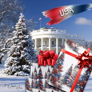 Papier Cadeau Arbres de Noël Patriotique Rouge Blanc et Bleu