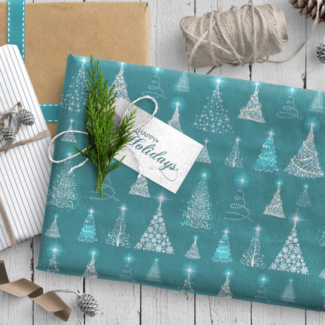 Papier Cadeau Arbres de Noël pétillants Motif Turquoise ID844 (Créateur téléchargé)
