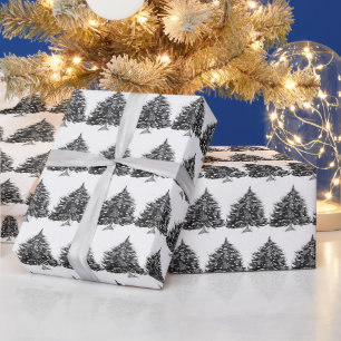 Papier Cadeau Arbres de Noël pin Festif Noir Aquarelle