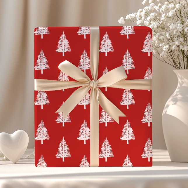 Papier Cadeau Arbres de Noël Pins Rouges et Blancs (Créateur téléchargé)