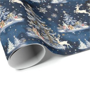 Papier Cadeau Arbres de Noël, rennes et flocons de neige