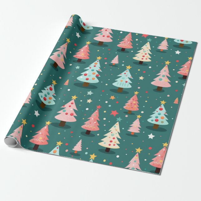 Papier Cadeau Arbres de Noël rétro (Déroulé)