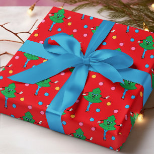 Papier Cadeau Arbres de Noël Rétro Groovy Motif Rouge Vert