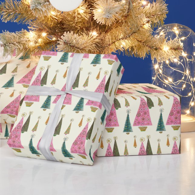 Papier Cadeau Arbres de Noël Retro Pink Gold Green (Vacances)