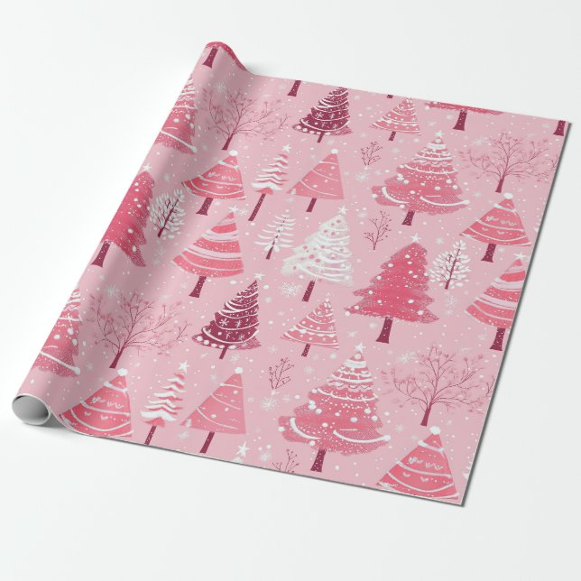 Papier Cadeau Arbres de Noël rétro rose pâle (Déroulé)