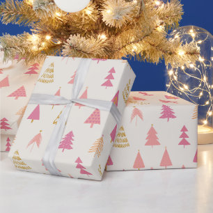 Papier Cadeau Arbres de Noël rose et or