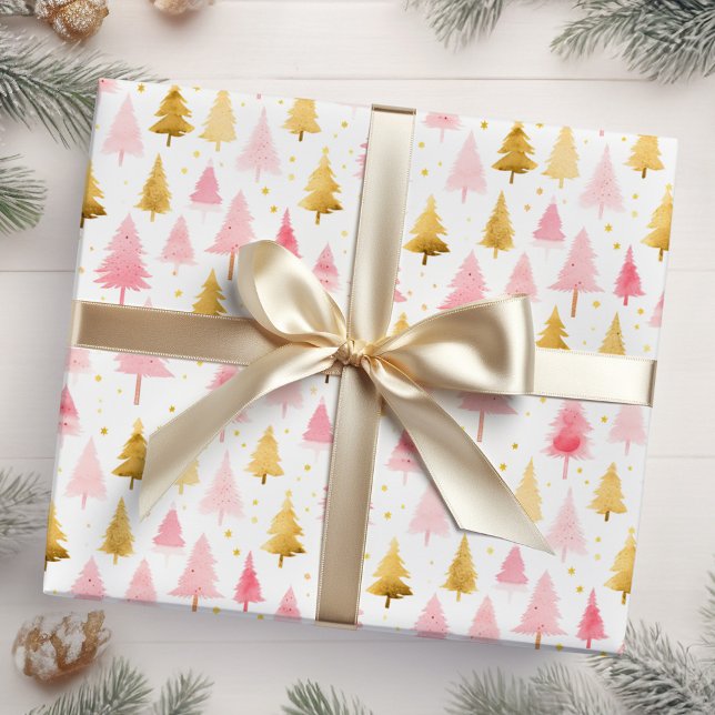Papier Cadeau Arbres de Noël rose et or (Créateur téléchargé)