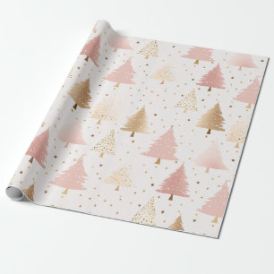 Papier Cadeau Arbres de Noël rose et or doux