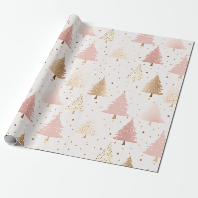 Papier Cadeau Arbres de Noël rose et or doux (Déroulé)