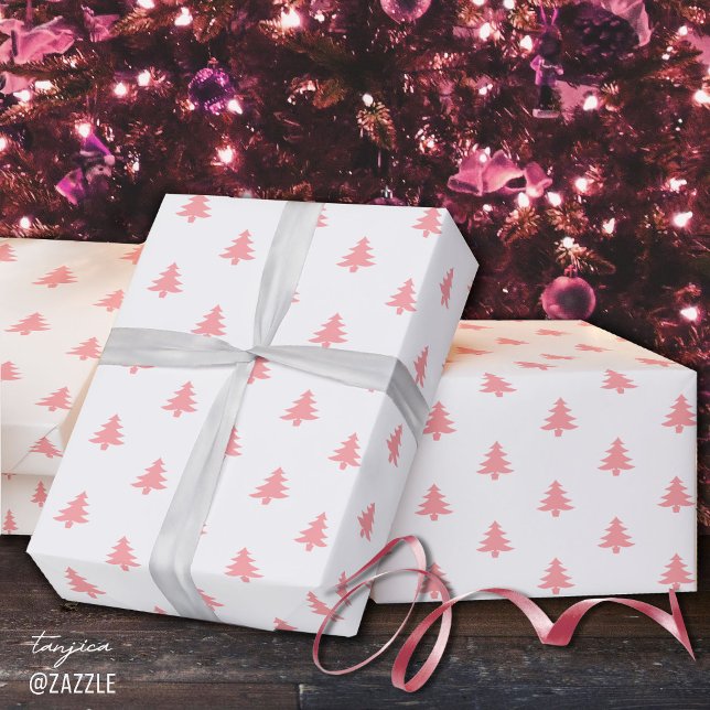 Papier Cadeau Arbres de Noël rose simple et moderne sur blanc (Créateur téléchargé)