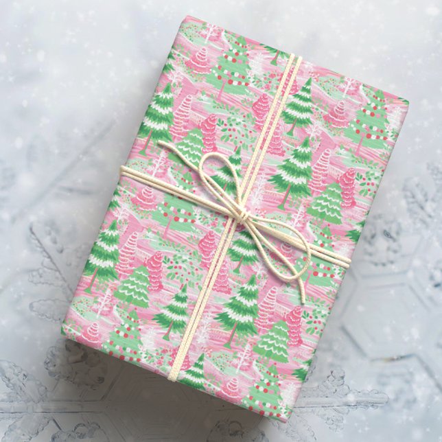 Papier Cadeau Arbres de Noël roses et verts (Créateur téléchargé)