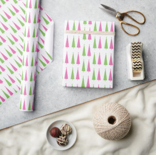Papier Cadeau Arbres de Noël roses et verts rétros