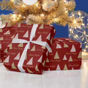 Papier Cadeau Arbres de Noël Rouge Rose Or Paillettes Brillantes