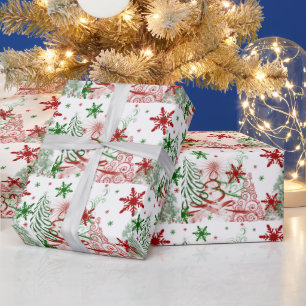 Papier Cadeau Arbres de Noël rouges et verts modernes Flocons de