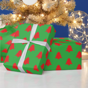 Papier Cadeau Arbres de Noël rouges simples sur fond vert
