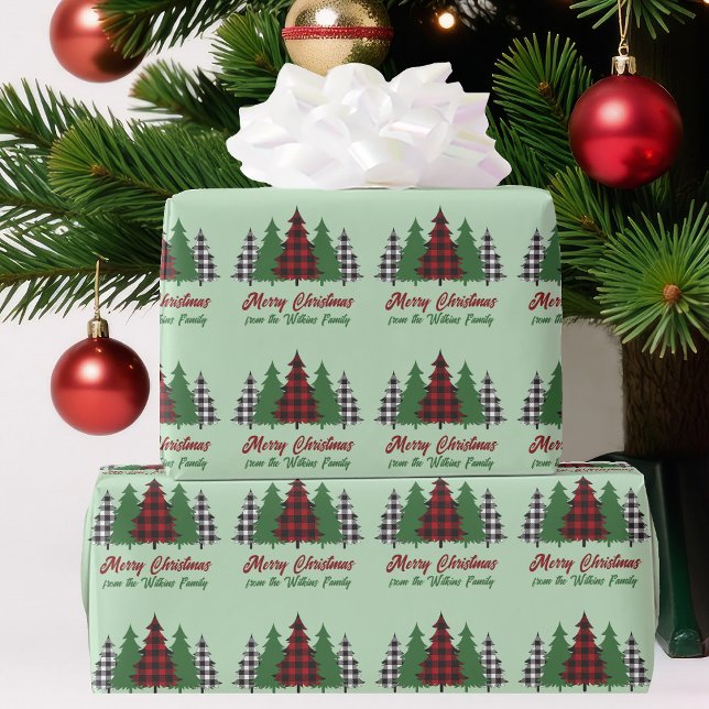 Papier Cadeau Arbres de Noël Rustiques Rouges Vert Plaid Customi (Créateur téléchargé)