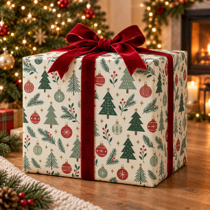 Papier Cadeau Arbres de Noël scandinaves et ornements vintage