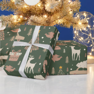 Papier Cadeau Arbres de Noël Stars Reindeer Green Noël