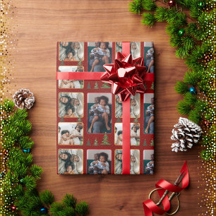 Papier Cadeau Arbres de Noël sur collier photo rouge étoilé