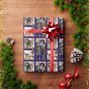 Papier Cadeau Arbres de Noël sur un collage photo bleu étoilé
